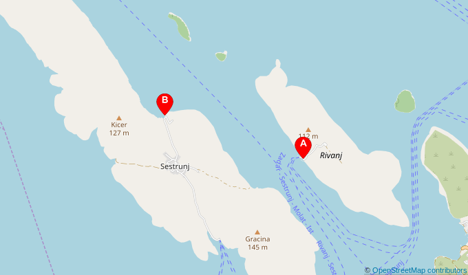 Map of ferry route between Rivanj and Sestrunj